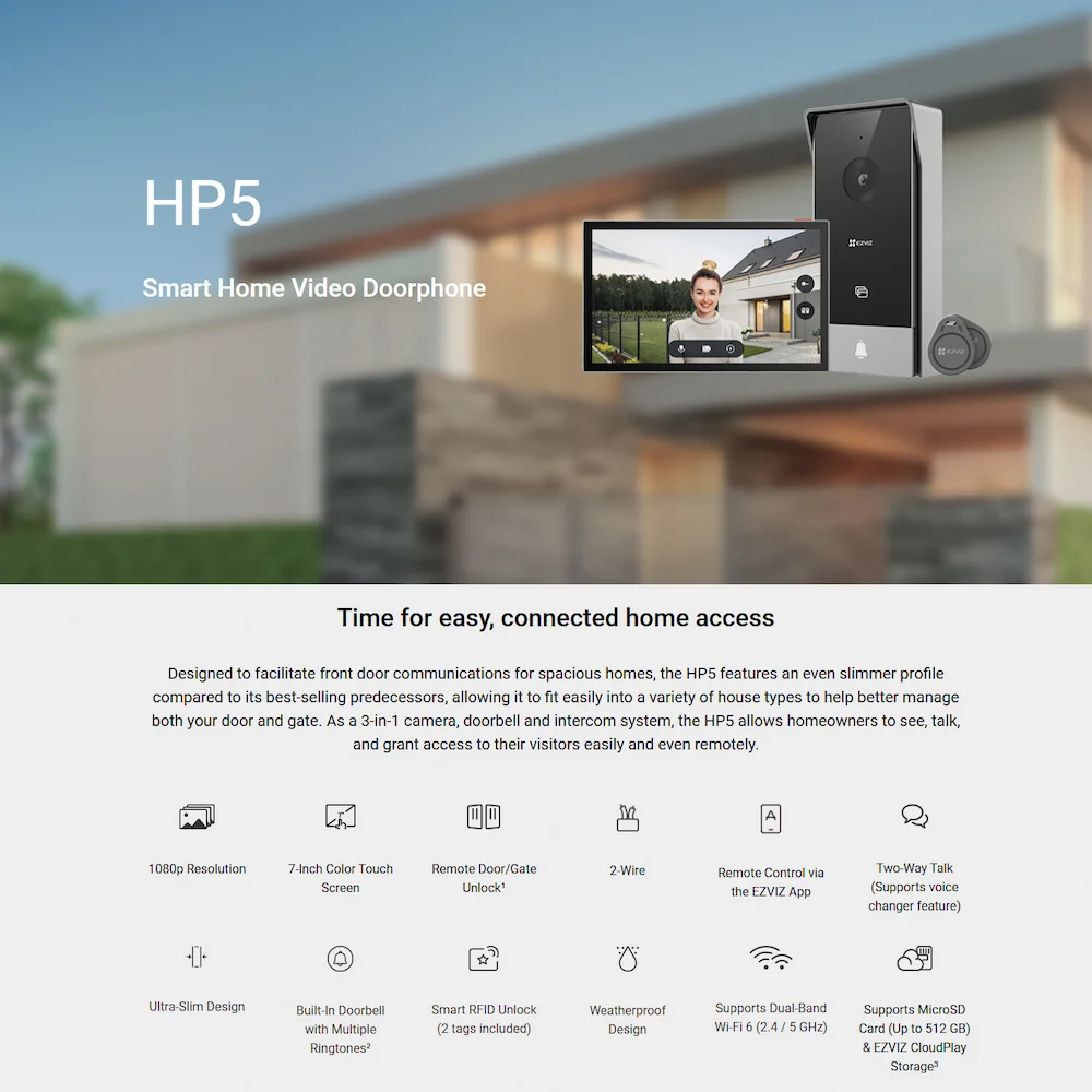 EZVIZ HP5 2MP videofono komplekt 7-tollise monitoriga
