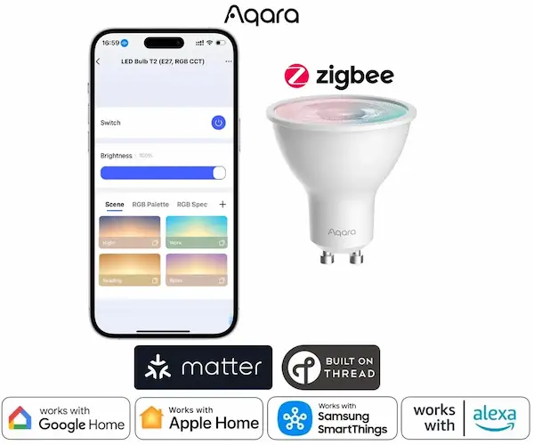 Aqara LED Bulb T2 GU10 RGB CCT nutipirn LB-L03D eestvaade ja äpp