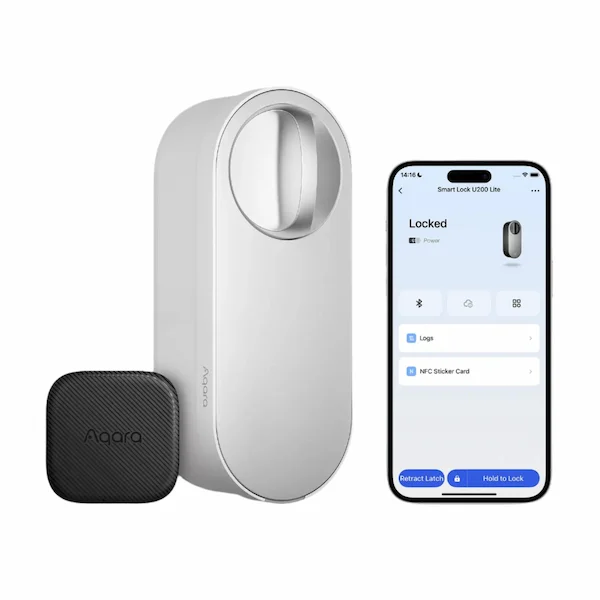 Aqara Smart Lock U200 Lite valge nutikas ukselukk EL-D03D-W eestvaade ja äpp